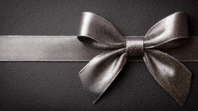Elegant silver ribbon bow on a textured black background for gift wrapping and decoration purposes