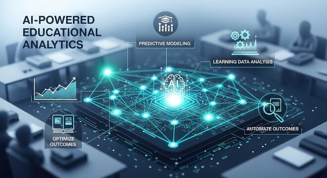 Ai powered educational analytics with predictive modeling and data analysis in a futuristic classroom setting with glowing blue lines and nodes
