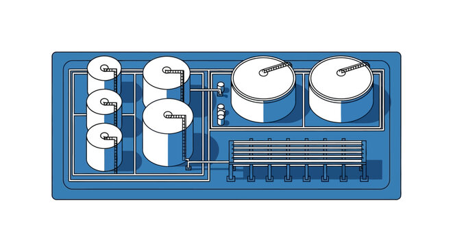 Vector illustration of an industrial plant featuring large storage tanks, pipe networks, and processing units for chemical and energy production