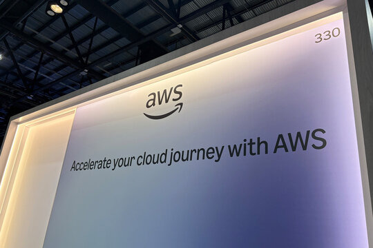 A sign for Amazon Web Services, AWS, at The Orange County Convention Center in Orlando, Florida on May 12, 2026.