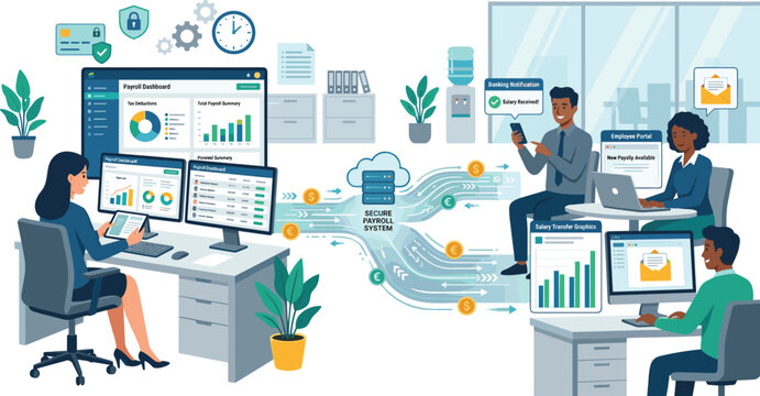Secure payroll system vector illustration with corporate business office employees receiving digital salary payments via cloud technology network dashboard.