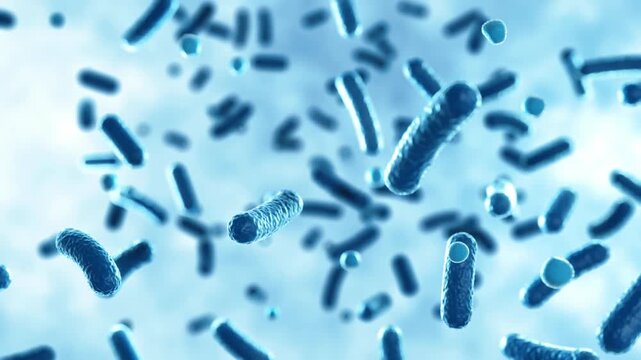 Microorganism cells floating inside human body bloodstream under microscope representing intracellular pathogen infection and molecular medical research in 4K Ultra HD footage
