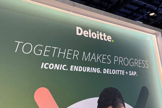 A sign for the Deloitte company at The Orange County Convention Center in Orlando, Florida on May 12, 2026.