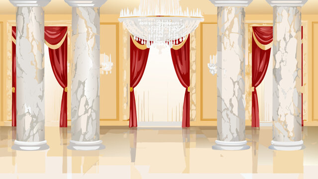An ornate stage backdrop featuring columns curtains and a chandelier
