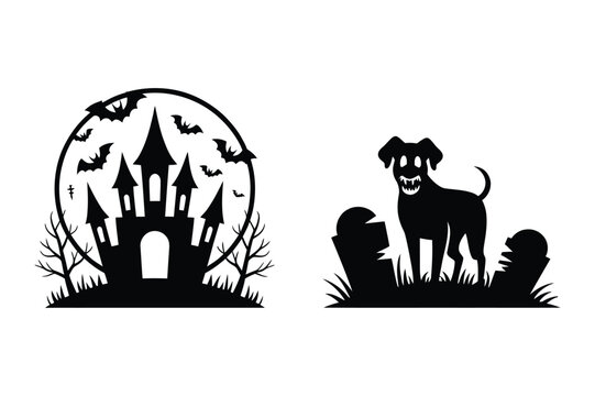 Haunted castle with flying bats and zombie dog in graveyard halloween vector