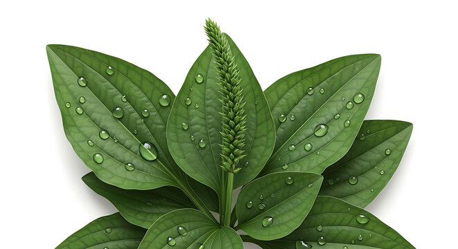 Fresh green plantain leaves with water droplets on white background