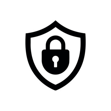 Shield with lock line icon isolated black outline cybersecurity protection symbol for privacy secure access data safety and digital defense concept design