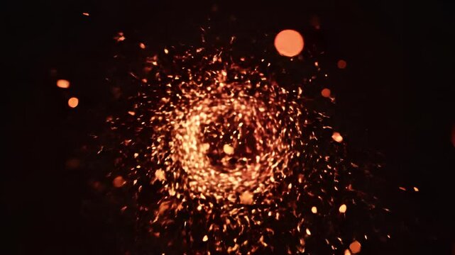 Fiery Sparks Exploding in Dark Background with Bokeh Effect.