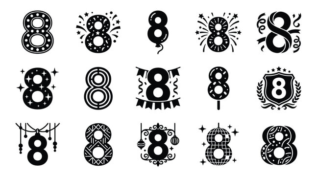 Collection of decorative number 8 icons for celebrations and design elements.