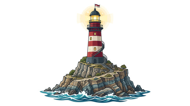 Lighthouse on rocky island structure.