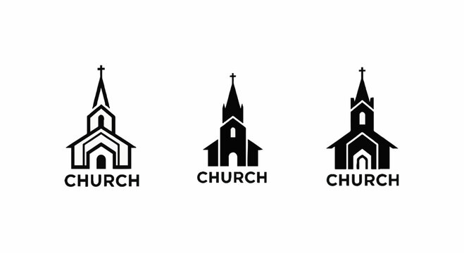 Minimalist church building icons with steeple and cross