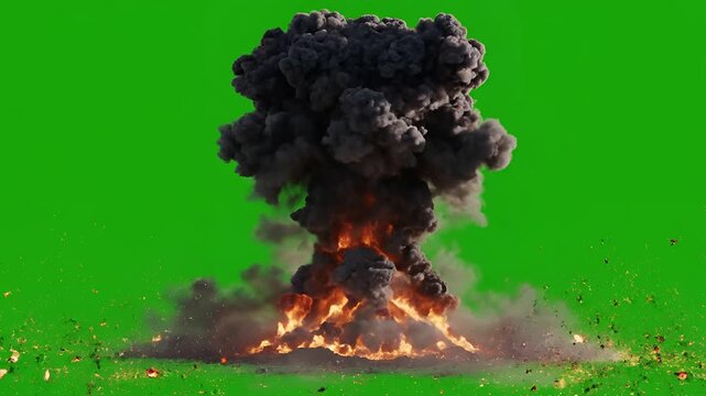 Massive Explosion with Fireball and Debris on Green Screen Background.
