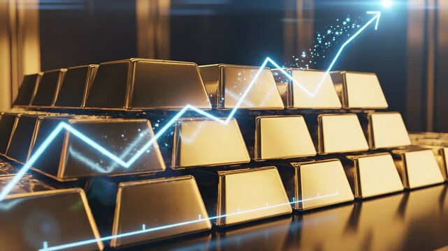 Gold bars stacked with glowing blue graphs rising upwards indicating growth and prosperity in a dimly lit room with shiny surfaces.