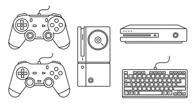 Video Game Controllers Console and Keyboard Line Art.
