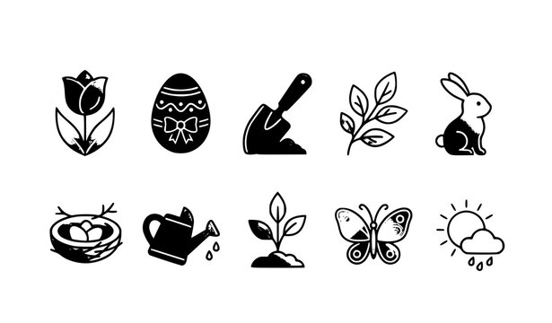 Modern spring gradient outline icon set Easter flowers and gardening vector isolated on white background