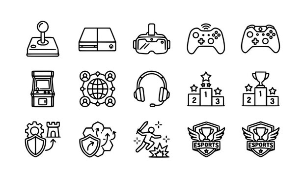 Gaming outline icon set joystick virtual reality and console vector isolated on white background
