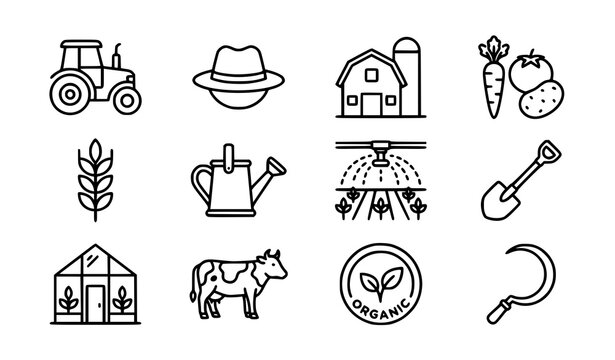 Agriculture and farming outline icon set tractor vegetables and rural vector isolated on white background