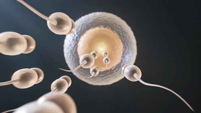 Sperm cells swimming towards human egg cell 3D illustration