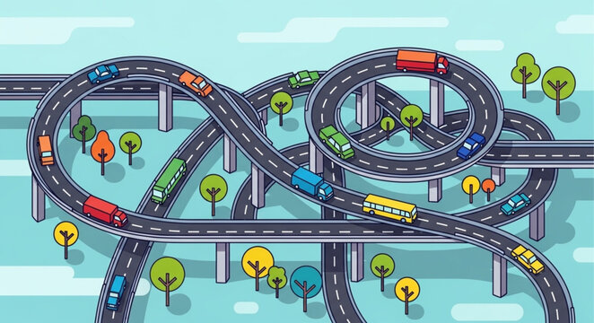 Complex highway interchange with many cars and trucks driving.