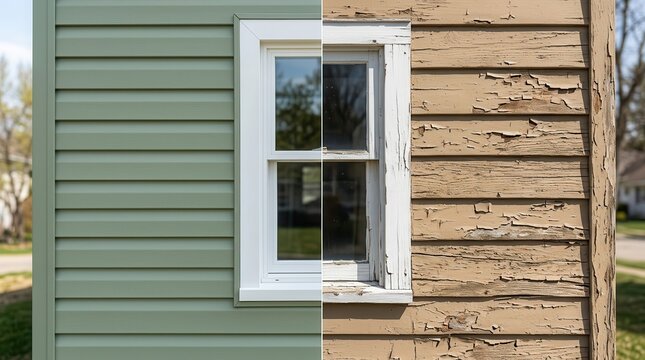 Before and after house lining repair showing new siding and old weathered wood.
