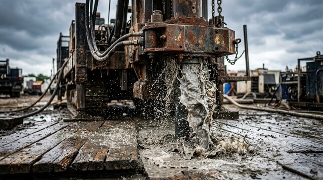 Drilling head releasing muddy water and slurry during borehole drilling operations.