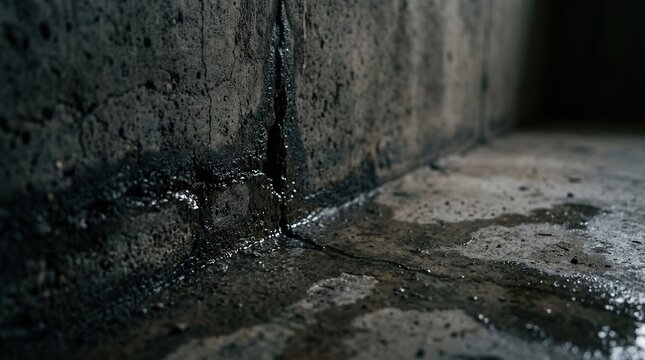 Damaged concrete basement wall and floor corner requiring waterproofing and repair.