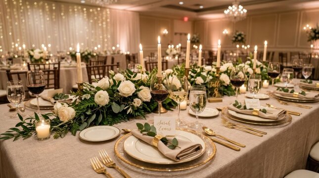 A beautifully set wedding reception table is illuminated by warm lighting and numerous candles.