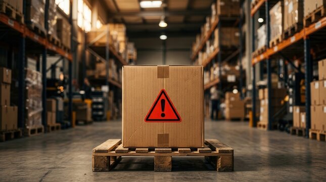 Industrial warehouse setting featuring a stacked pallet and a box with a hazard warning icon.