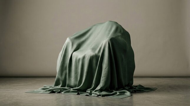 A draped chair is covered in a dark green fabric. The fabric obscures the chair's form, creating a sense of mystery and anticipation.