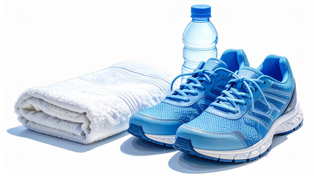 健康的なライフスタイルのイメージ 青いランニングシューズと水分補給用の水