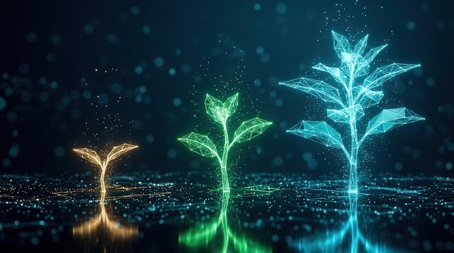 Concept of business transformation with three growing plants in a digital wireframe style.