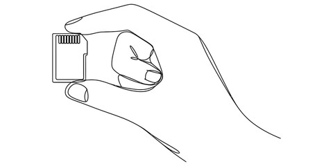 Fototapeta premium A close-up line drawing shows a hand holding a small micro SD card between its thumb and index finger.