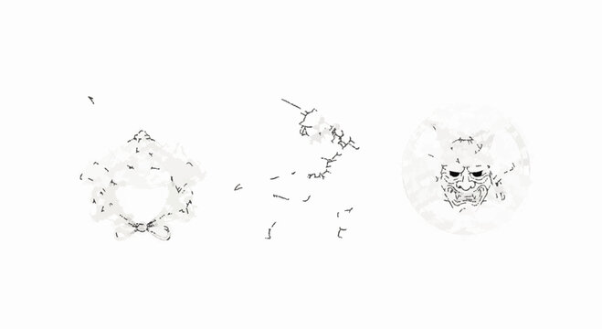 Distressed japanese oni mask and samurai head silhouettes