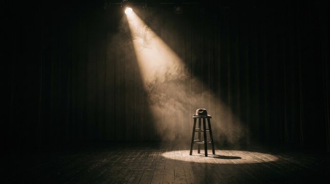 A single spotlight illuminates a wooden stool on a darkened stage. Heavy velvet curtains frame the scene, creating a dramatic and mysterious atmosphere.