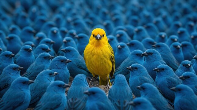 Concept of uniqueness and courage with a single yellow bird among many blue birds.