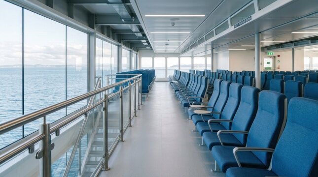 A long corridor on a ferry boat features rows of blue upholstered seats. Large windows along the corridor offer a view of the ocean.