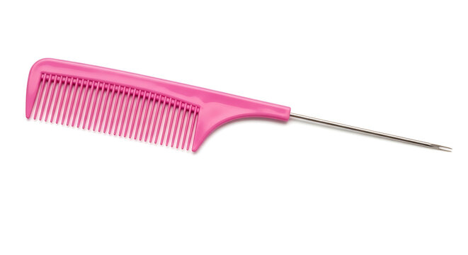 Bright pink professional rat tail hair comb with a stainless steel metal handle isolated on a clean white background.