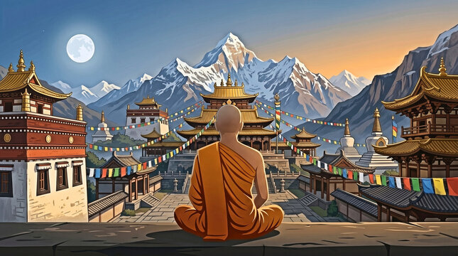 Buddhist Monk Orange Robe Meditating Before Tibetan Monastery Himalayas Prayer Flags Full Moon