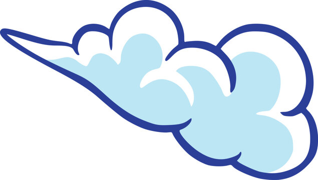Hand-drawn light blue puffy cloud trail with sweeping pointed end and bold blue outline, isolated on white, playful cartoon style for wind, speed, sky, and motion effects
