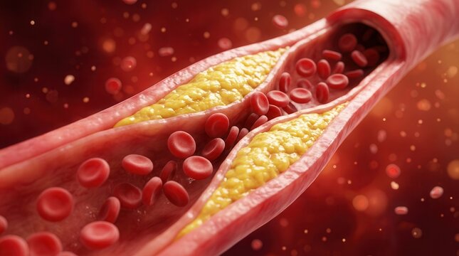 Anatomy of an artery with fatty plaque accumulation and circulating blood cells.