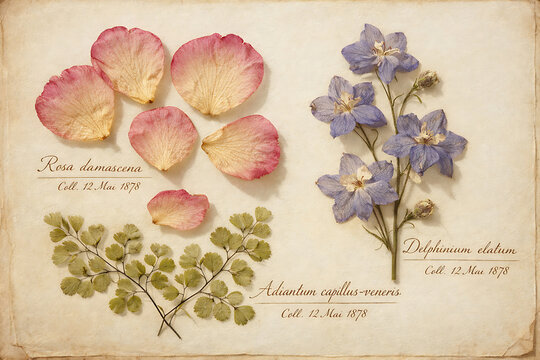 Pressed rosa damascena petals delphinium elatum and adiantum capillus veneris on vintage paper