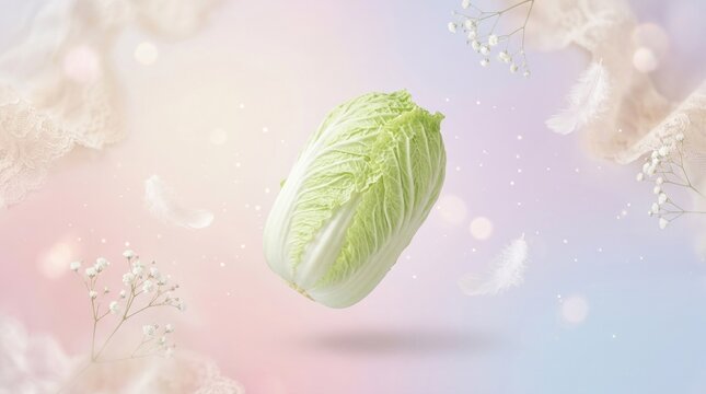 A vibrant napa cabbage floats gracefully against a soft, pastel background. Delicate white flowers and feathers surround the cabbage, creating a dreamy and ethereal atmosphere.