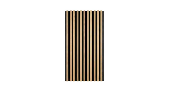 Vertical oak wood slat acoustic panel featuring light natural timber finish on black sound-absorbing felt backing, isolated on white background for modern interior wall design.