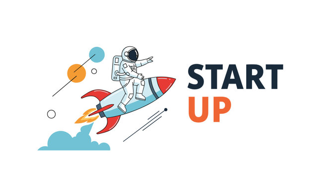 Brave astronaut sitting on a fast flying rocket ship heading towards planets with the text start up written in bold letters.