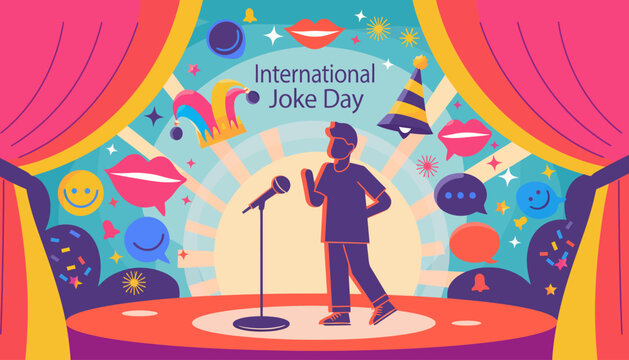 A man stands on a stage with a microphone on International Joke Day