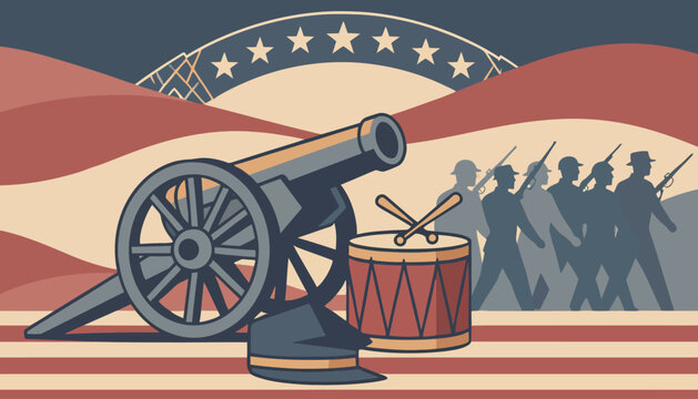 Soldiers marching with a cannon and drum in a patriotic event