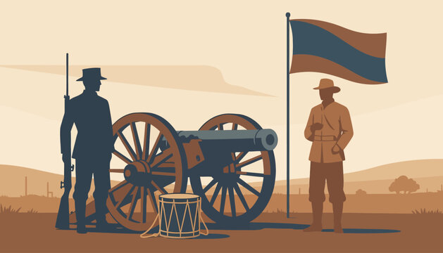 Soldiers standing with a cannon and flag in a battlefield landscape