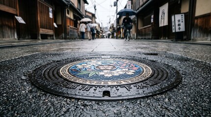 Fototapeta premium Artistic Colored Designing Manhole Cover on a Japanese Street