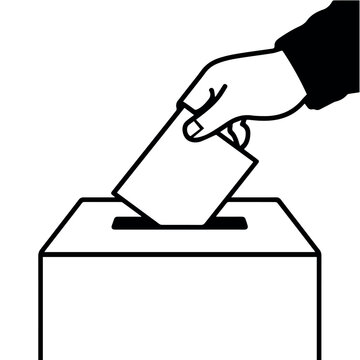 Hand inserting paper into ballot box line icon isolated black outline election voting symbol for democratic process government campaign participation and political awareness design