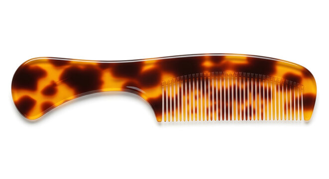 Classic tortoiseshell patterned hair comb with an ergonomic handle isolated on a seamless bright white background for commercial use. 